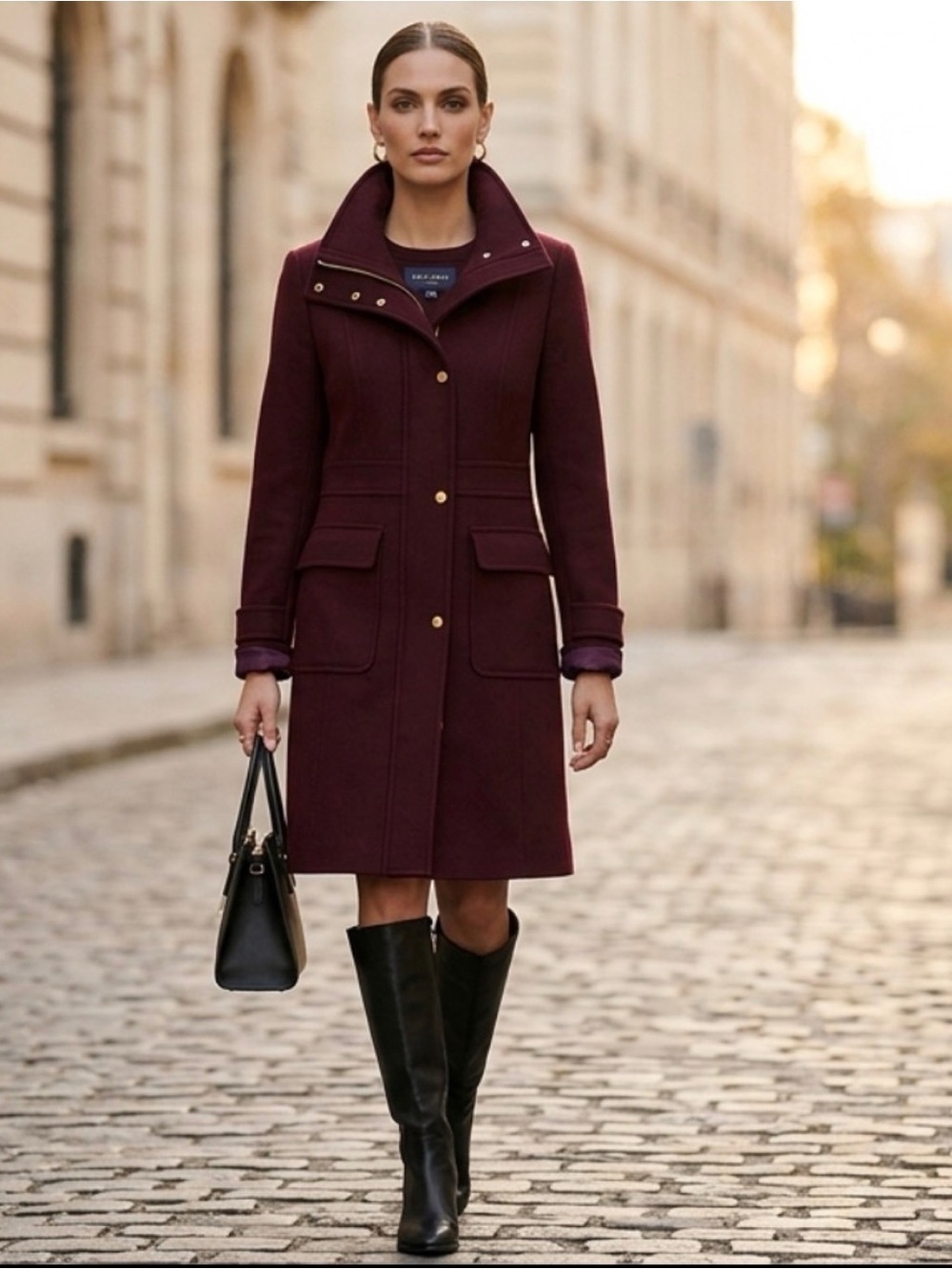 Cole Haan Signature Wool Blend Single-Breasted Rich Burgundy Old Money Coat 12